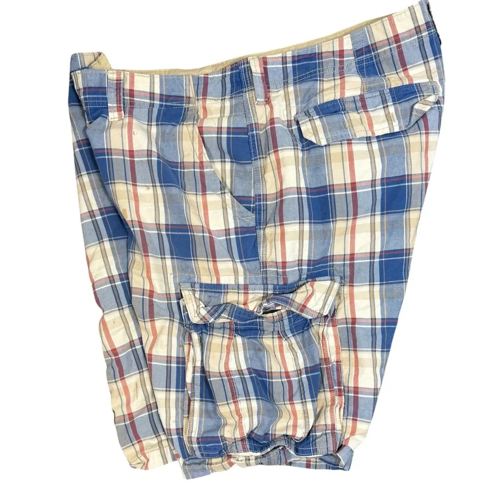 Old Navy Broken-In Cargo Shorts Mens‎ 40 Blue Plaid Cotton Utility Casual